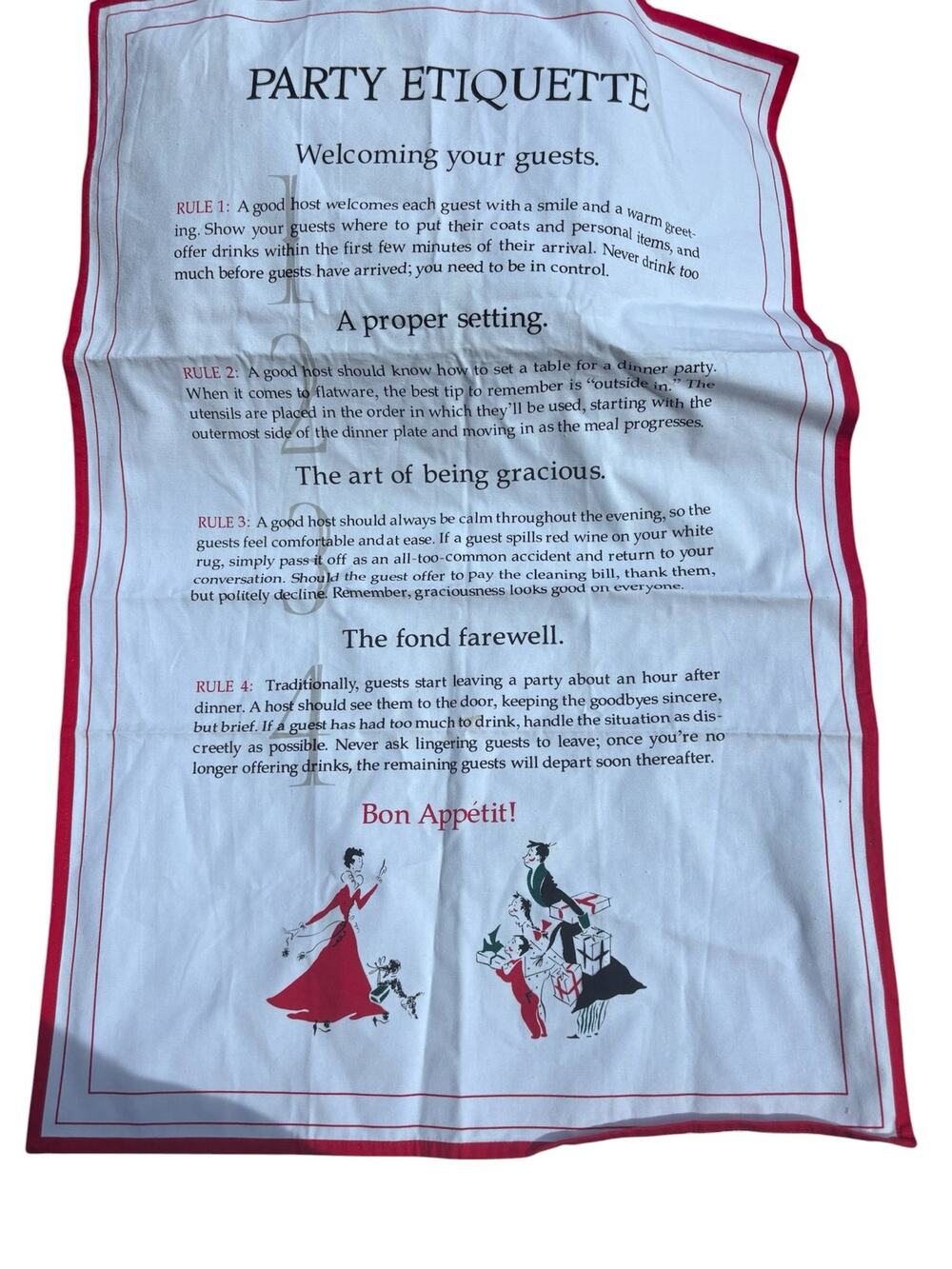 Wm Sonoma Retro Vintage-style Cotton Dish Towel Rules of "PARTY ETIQUETTE"